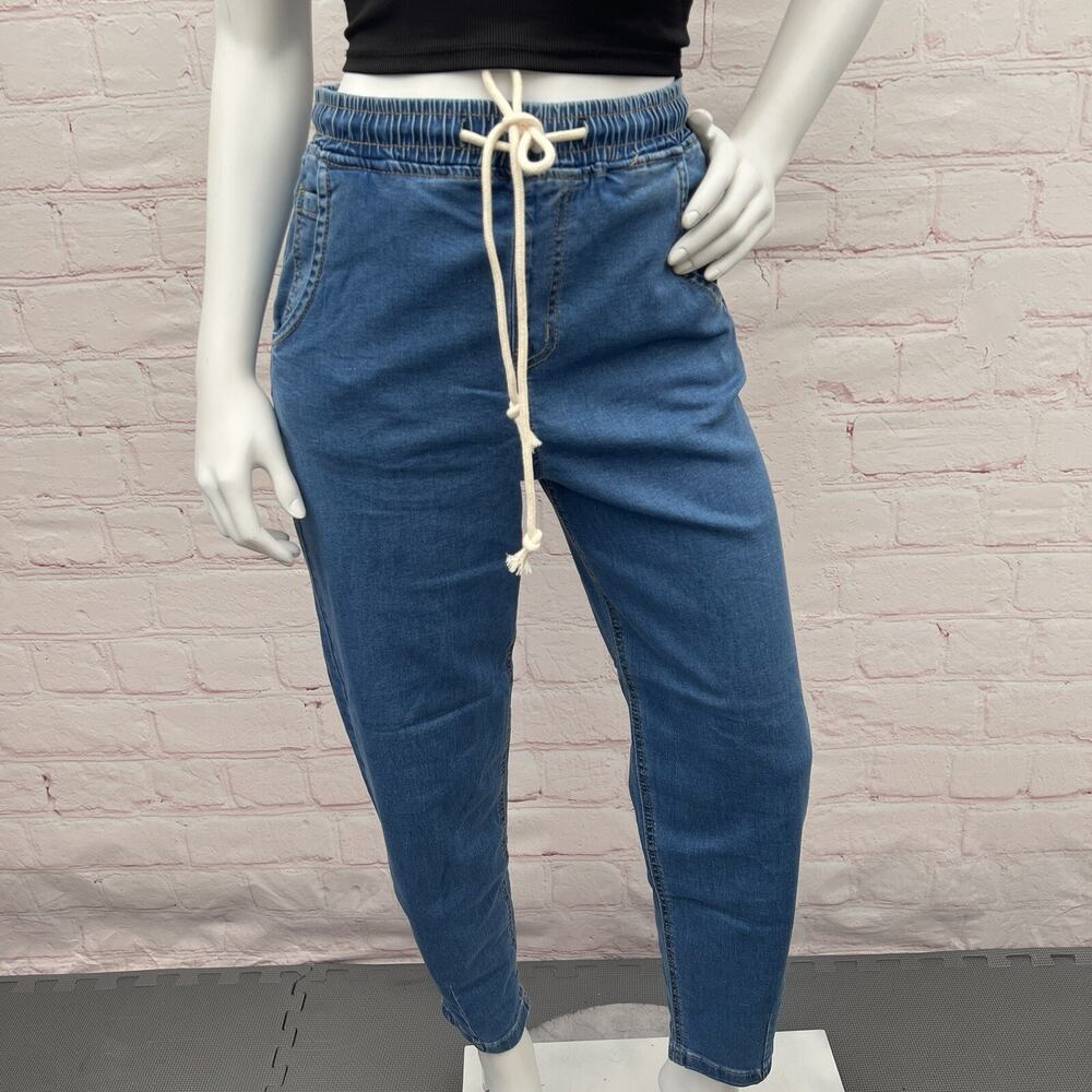 Women's Blue Denim Jogger Jeans Drawstring Waist Relaxed Fit Size Small